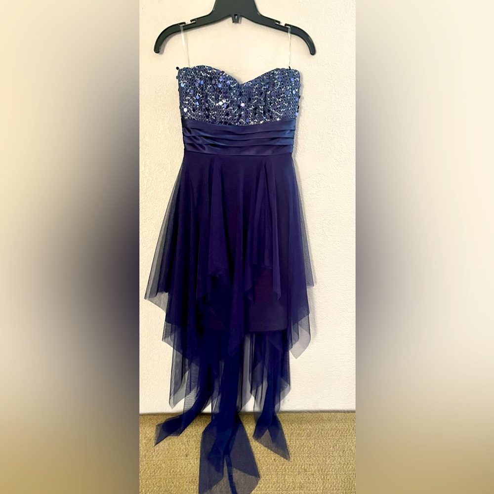 le chateau Strapless Beaded Navy Blue High-Low Cocktail Dress